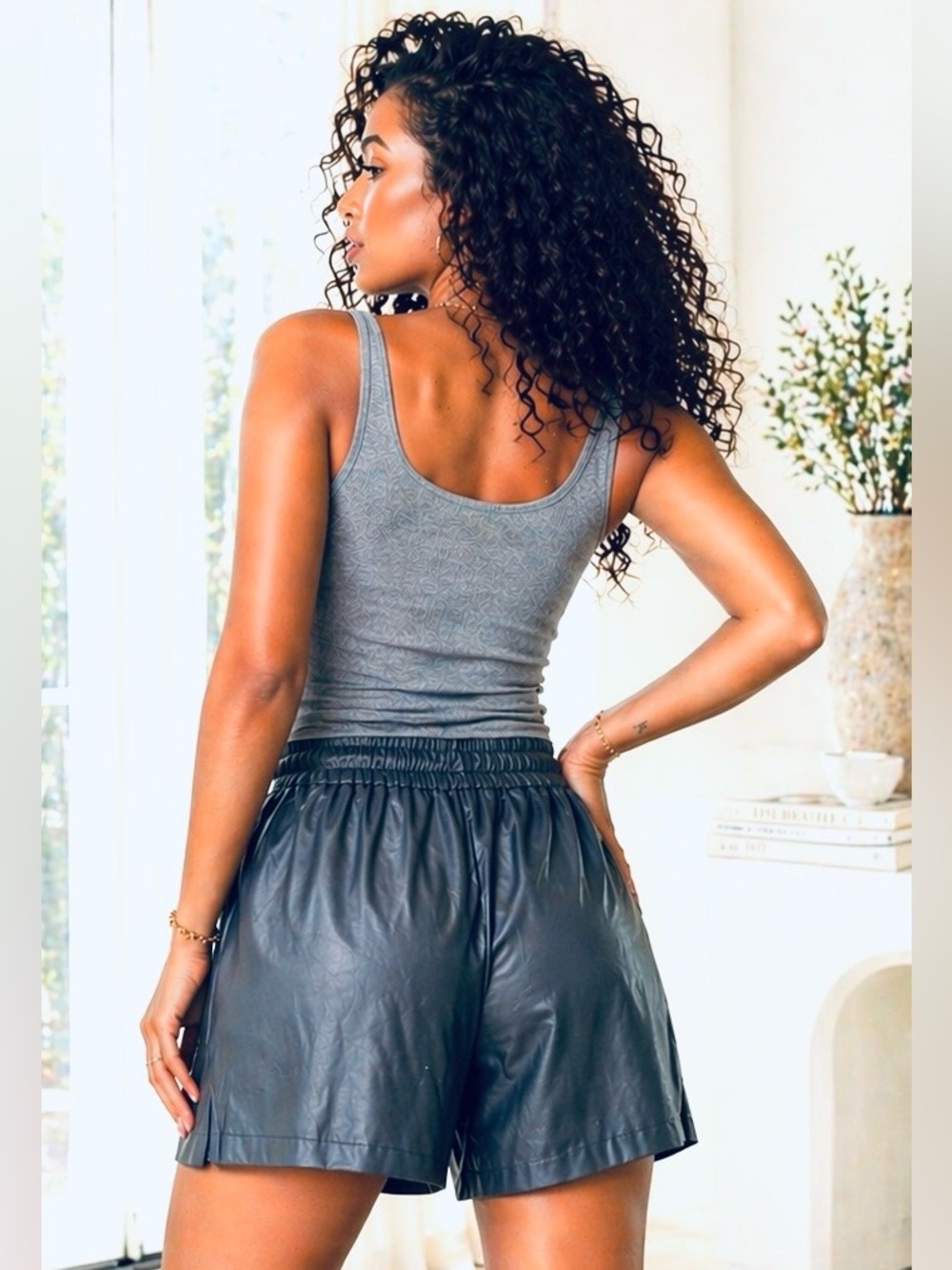 Olivaceous Dark Blue Gray Faux Leather Paperbag Shorts | High Waist Drawstring |